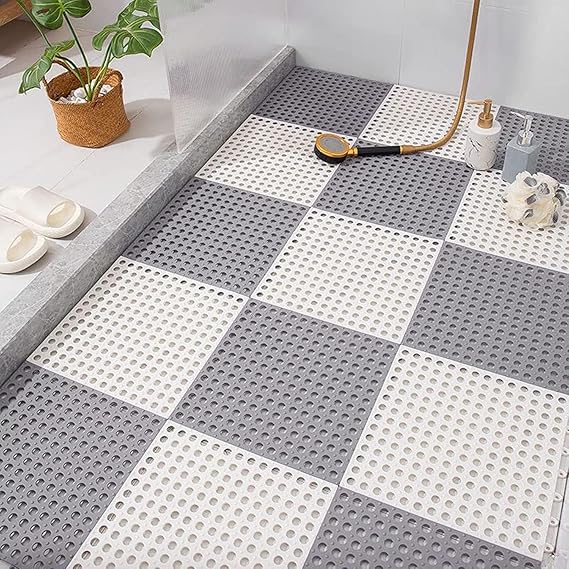 RDH Interlocking Floor Tiles with Drain Holes, Non-Slip TPE Soft Drainage Mats Modular Pool Floor Mat for Pool Shower Bathroom Deck Patio Garage (12)