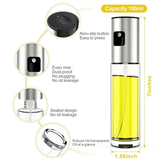 RDH Premium Oil Sprayer For Cooking, 1 Pack Food-Grade Oil Spray Bottle With 304 Stainless Steel, 100Ml Mister Spray Bottle For Cooking, Perfect For Salad, Bbq, Baking,Silver