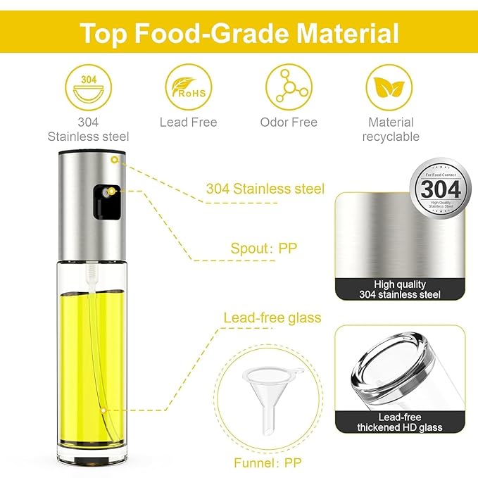 RDH Premium Oil Sprayer For Cooking, 1 Pack Food-Grade Oil Spray Bottle With 304 Stainless Steel, 100Ml Mister Spray Bottle For Cooking, Perfect For Salad, Bbq, Baking,Silver