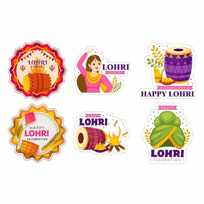 RDH 100 Pieces Round Multi Designs Lohri Stickers for Small Business, Vinyl, 2 X 2 Inches (Lohri Sticker)