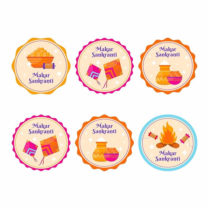 RDH 100 Pieces Round Multi Designs Makar Sankranti Stickers for Small Business, Vinyl, 2 X 2 Inches (MakarSankranti Sticker)