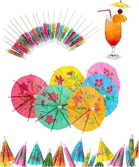 RDH Premium Paper Folding Umbrella Wooden Toothpick, Tropical Hawaiian Topper Toothpicks (Pack of 50, Assorted Multicolor)