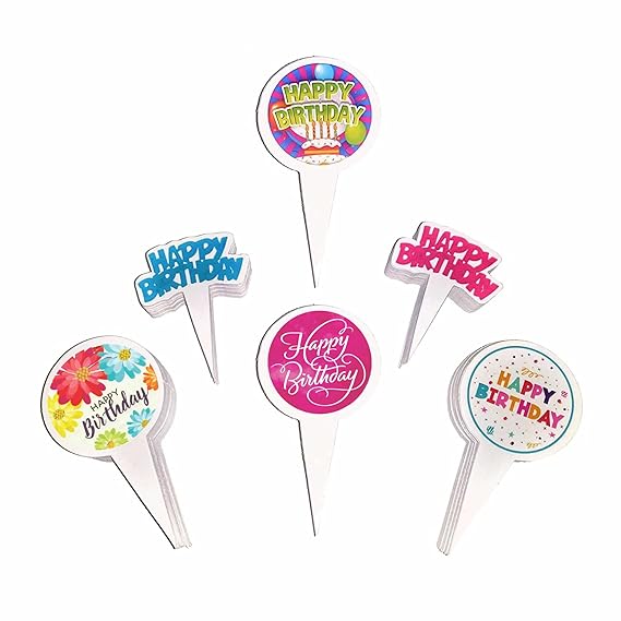 RDH Paper Happy Birthday Cake Tags 100 pcs, Cake Topper, Set of 100 Pcs, Mix Patterns, Mix Colors, Paper