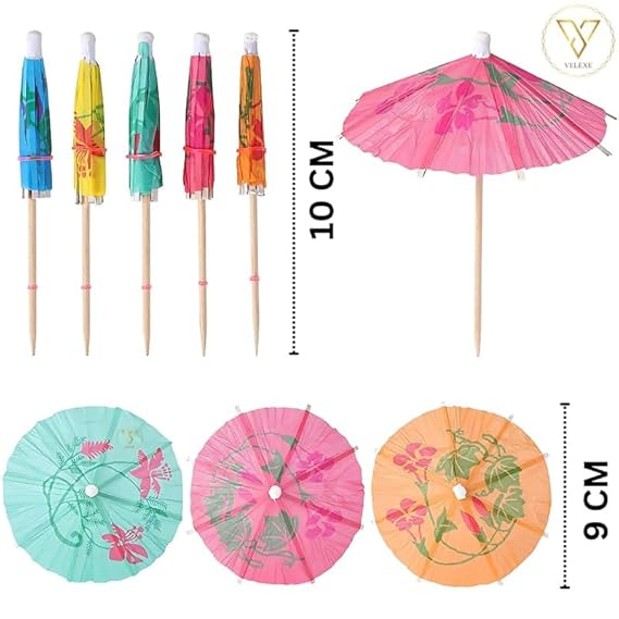 RDH Premium Paper Folding Umbrella Wooden Toothpick, Tropical Hawaiian Topper Toothpicks (Pack of 50, Assorted Multicolor)