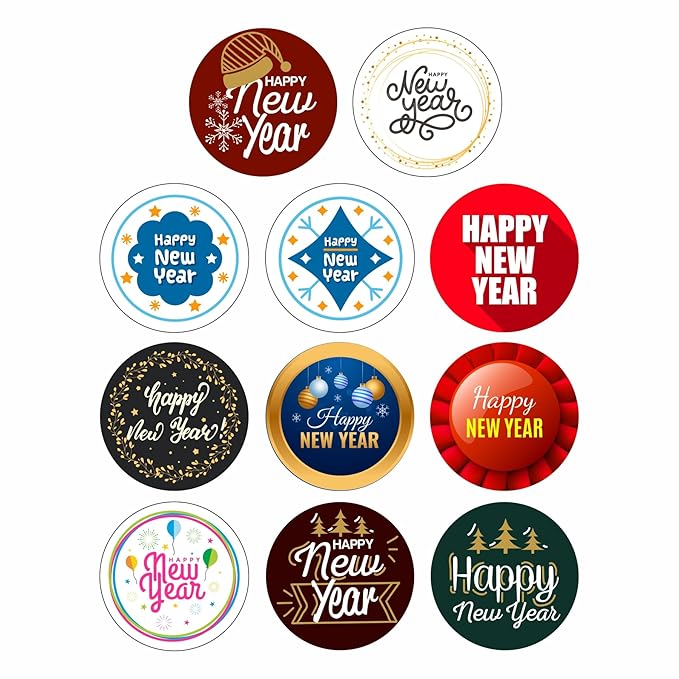 RDH 100 Pieces Round Multi Designs Happy New Year Stickers for Small Business, Vinyl, 2 X 2 Inches (Happy New Year Sticker)