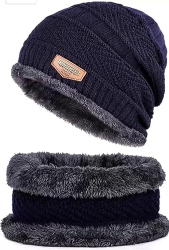 Winter Knit Beanie Cap Hat Neck Warmer Scarf and Woolen Gloves Set for Men & Women (2 Piece)