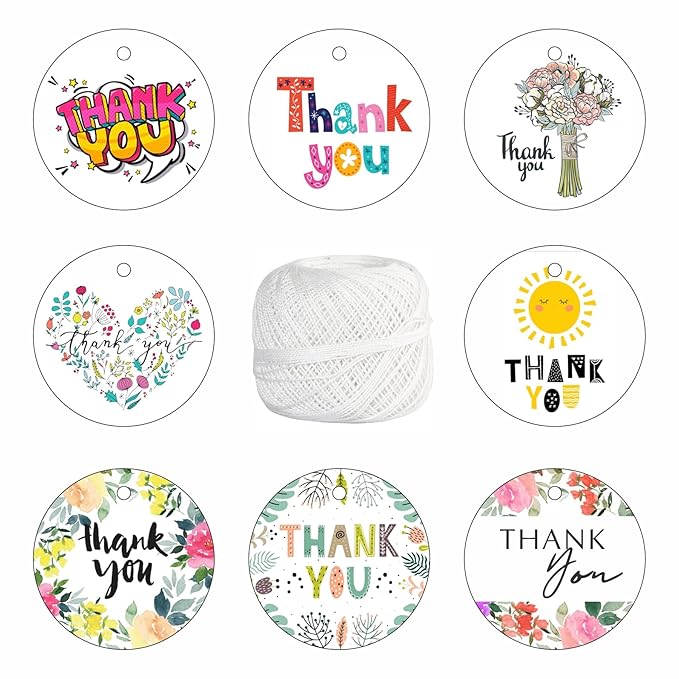 RDH Thank You White Hang Tags with String for Party & Celebration | Return Gift Multicolor Printed 1.5" Round Tags with White Cotton Thread | 100 Pcs