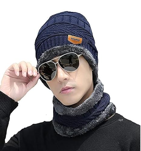 Winter Knit Beanie Cap Hat Neck Warmer Scarf and Woolen Gloves Set for Men & Women (2 Piece)