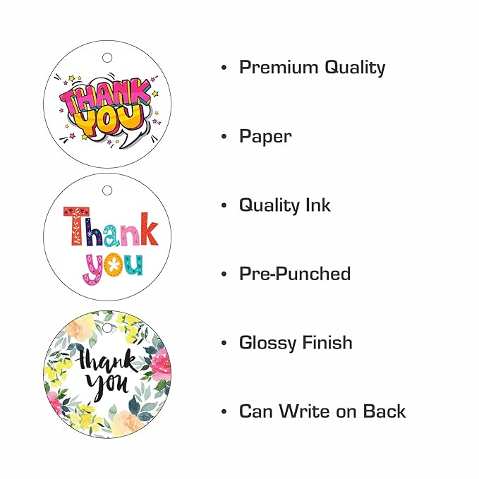 RDH Thank You White Hang Tags with String for Party & Celebration | Return Gift Multicolor Printed 1.5" Round Tags with White Cotton Thread | 100 Pcs