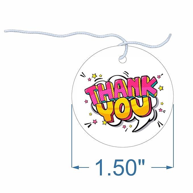 RDH Thank You White Hang Tags with String for Party & Celebration | Return Gift Multicolor Printed 1.5" Round Tags with White Cotton Thread | 100 Pcs
