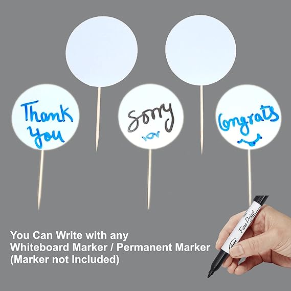 RDH 100 Pcs circle Whiteboard Marker Cupcake / Cake Toppers Cheese Markers Buffet Labels for Charcuterie Board Food Tags Toothpick Signs, Wedding Birthday Party Table and Dinner Decorations Supplies