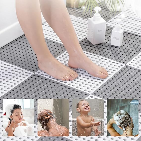 RDH Interlocking Floor Tiles with Drain Holes, Non-Slip TPE Soft Drainage Mats Modular Pool Floor Mat for Pool Shower Bathroom Deck Patio Garage (12)