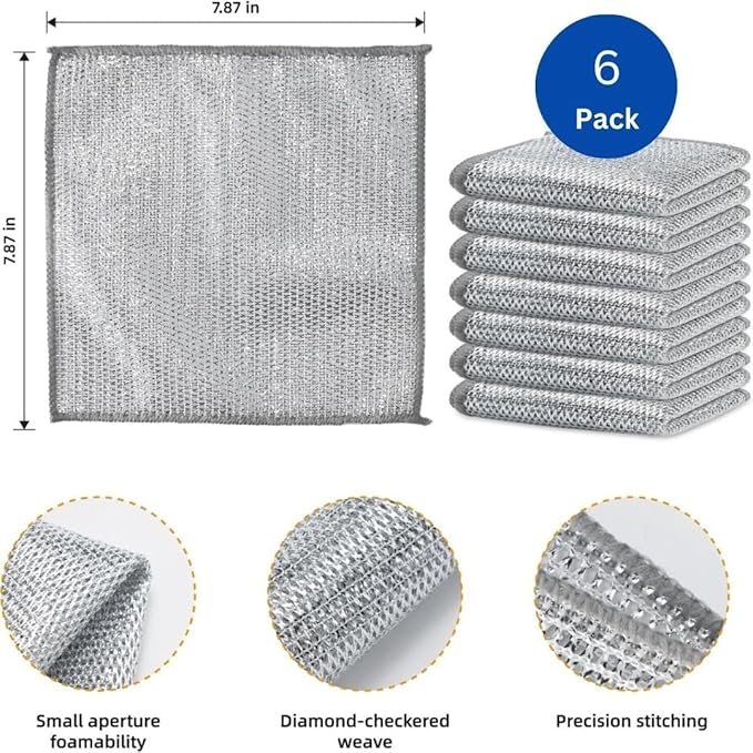 Multipurpose Wire Dishwashing Rags for Wet and Dry Stainless Steel Scrubber Non-Scratch Wire Dishcloth for Washing Dishes Sinks Counters Easy Rinsing Machine Washable Pack 6