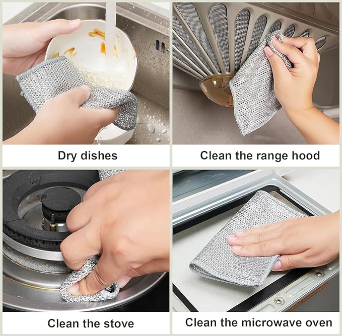 Multipurpose Wire Dishwashing Rags for Wet and Dry Stainless Steel Scrubber Non-Scratch Wire Dishcloth for Washing Dishes Sinks Counters Easy Rinsing Machine Washable Pack 6