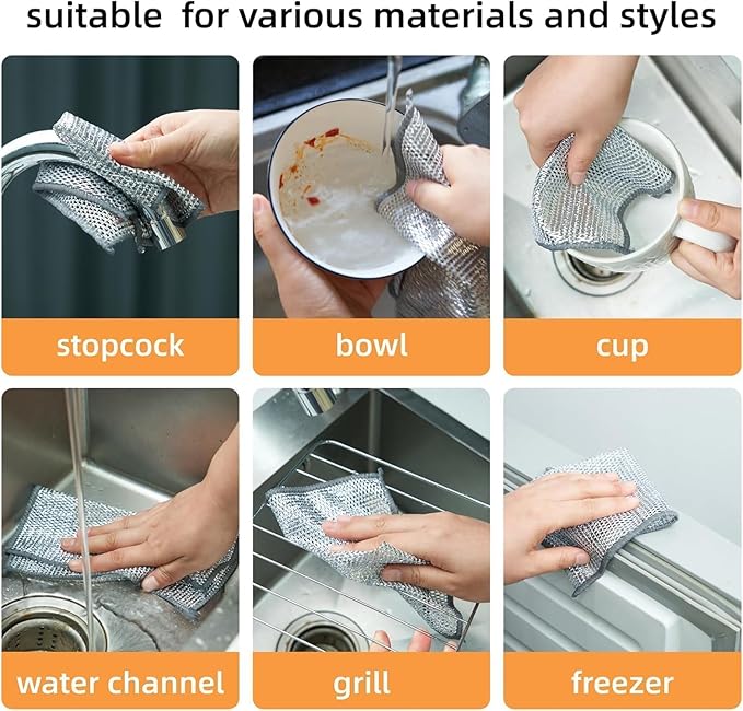 Multipurpose Wire Dishwashing Rags for Wet and Dry Stainless Steel Scrubber Non-Scratch Wire Dishcloth for Washing Dishes Sinks Counters Easy Rinsing Machine Washable Pack 6