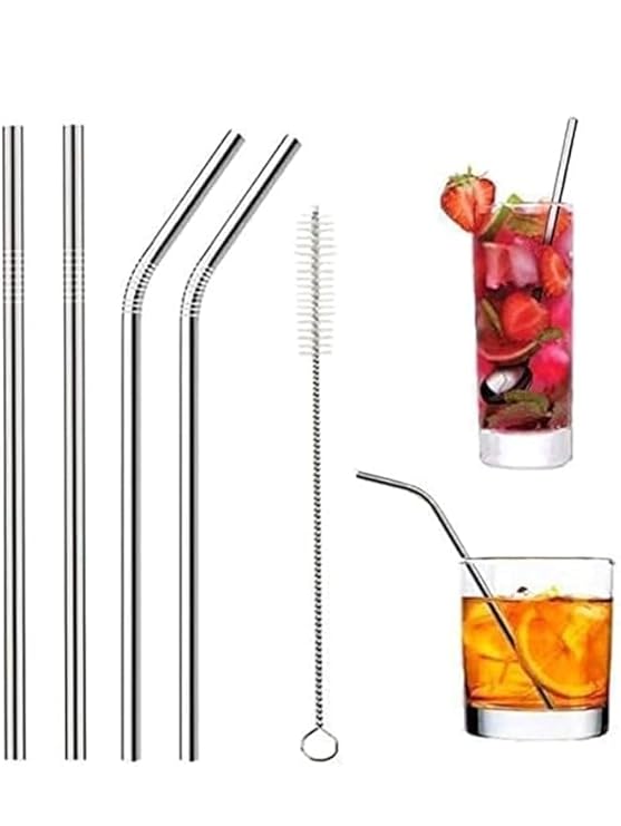 RDH KinKart Reusable Metal Straws (Set of 5) - Long Stainless Steel Straw for Drinking with Cleaning Brush (2 Bent + 2 Straight + 1 Brush)