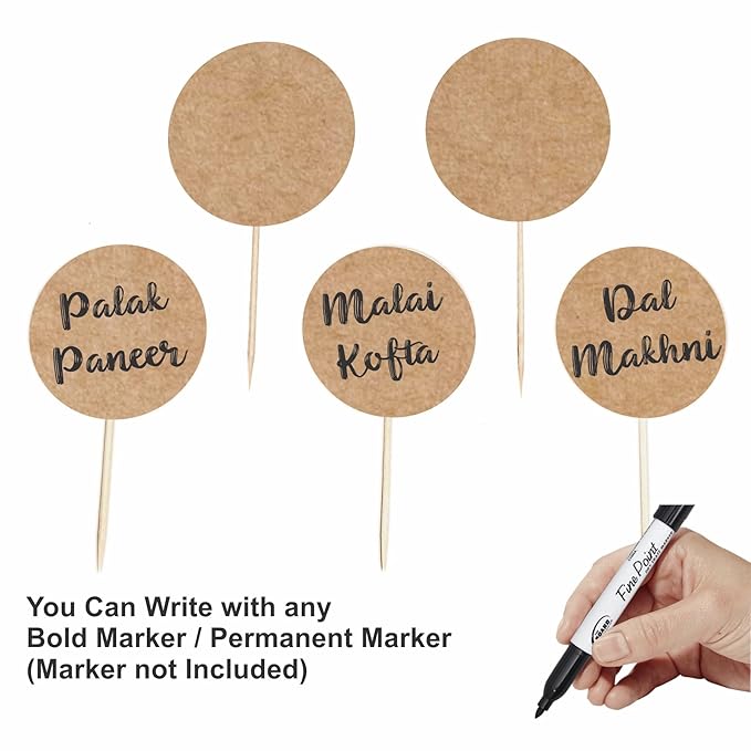 RDH 100 Pcs Circle Craft Paper Bold Marker Cupcake/Cake Toppers, Buffet Labels for Charcuterie Board Food Tags Toothpick Signs, Wedding Birthday Party Table and Dinner Decorations Supplies