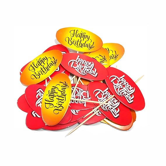 RDH Cake Toppers - Red & Yellow Happy Birthday Paper Tag (100 Pcs)