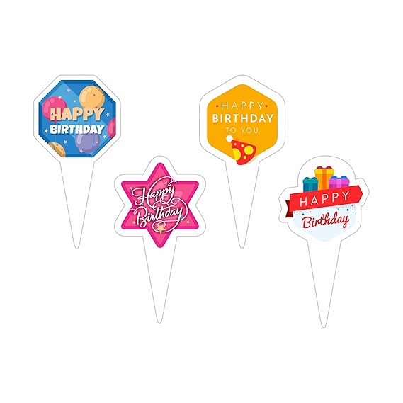 RDH New Paper Happy Birthday Cake Tags 100 pcs, Cake Topper, Set of 100 Pcs, Mix Patterns, Mix Colors, Paper