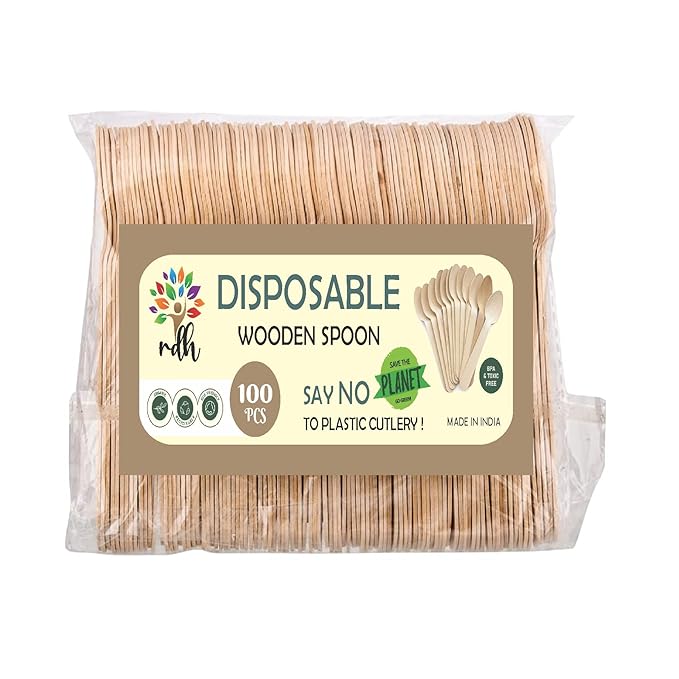 RDH Biodegradable Disposable Wooden Spoons, 140mm/5.5 inches (L), Pack of 100