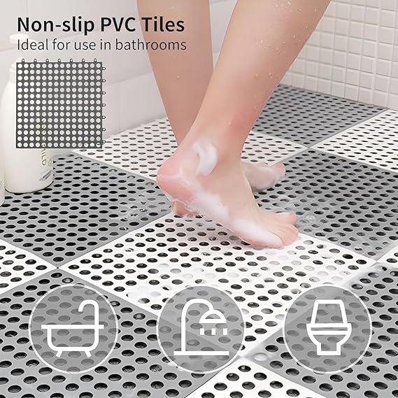 RDH Interlocking Floor Tiles with Drain Holes, Non-Slip TPE Soft Drainage Mats Modular Pool Floor Mat for Pool Shower Bathroom Deck Patio Garage (12)